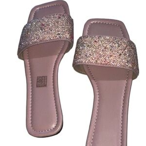 Women’s Sparkling Light Pink Beaded Slip on Slide Sandals